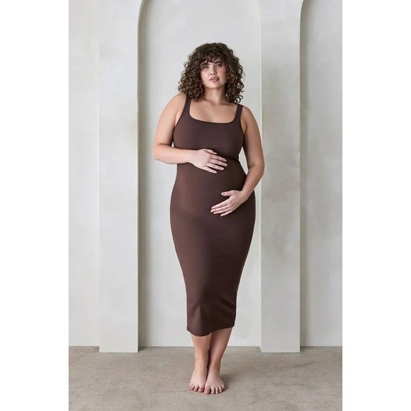 Bumpsuit Dresses & Skirts - Bumpsuit Maternity Midi Dress Womens XL Brown Ribbed Minimalist Stretch Comfort
